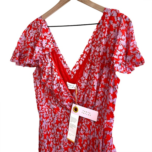 $795 TANYA TAYLOR NWT Designer Silk Boho Red Purple Floral Maxi Dress — Size 6 - Picture 8 of 16